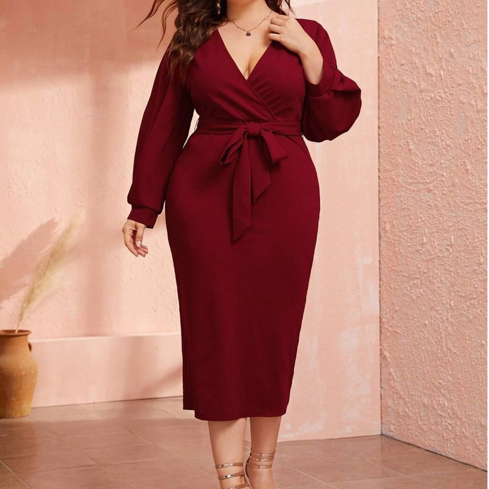 SHEIN Plus Plunging Neck Wrap Belted Pencil Dress